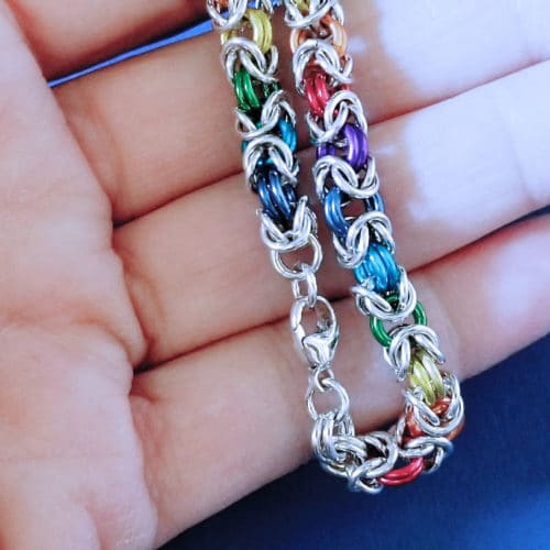 Rainbow Byzantine Chain Maille Bracelet in Argentium® Silver & Colorful Enamel